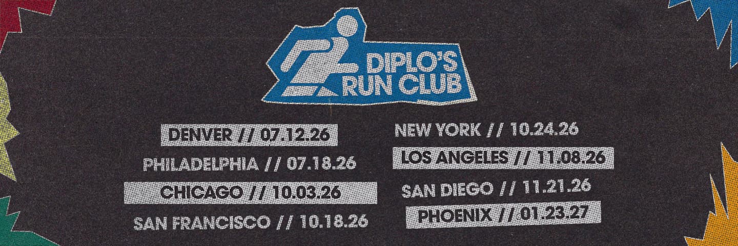 Diplo's Run Club 2026 — tour dates across Denver, Philadelphia, Chicago, San Francisco, New York, Los Angeles, San Diego, and Phoenix