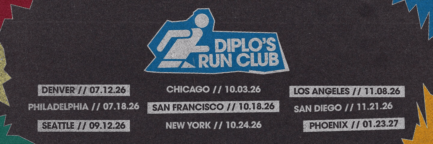 Diplo's Run Club 2026 — tour dates across Denver, Philadelphia, Seattle, Chicago, San Francisco, New York, Los Angeles, San Diego, and Phoenix